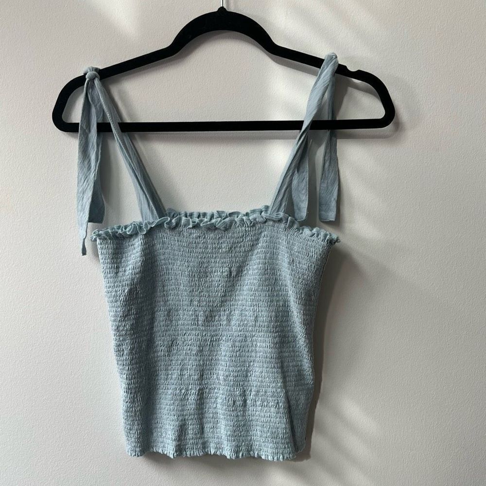 Nation LA Cotton Smocked Self Tie Ruched Light Blue Women's Crop Top Size Medium